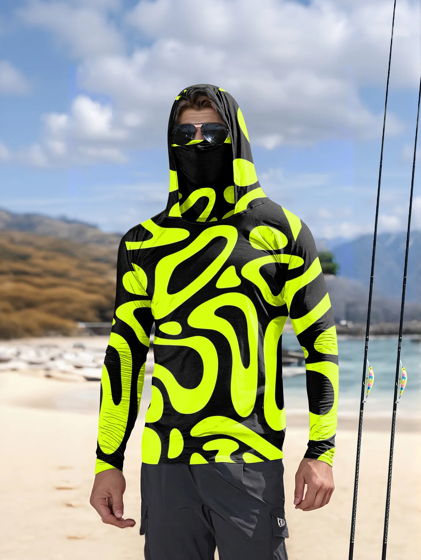 Men's Neon Green Abstract Prin - Fishing Mask Sun Protection review and price