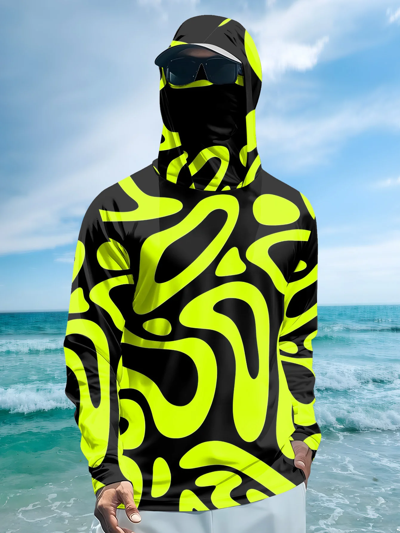 Men's Neon Green Abstract Prin - Fishing Mask Sun Protection review and price